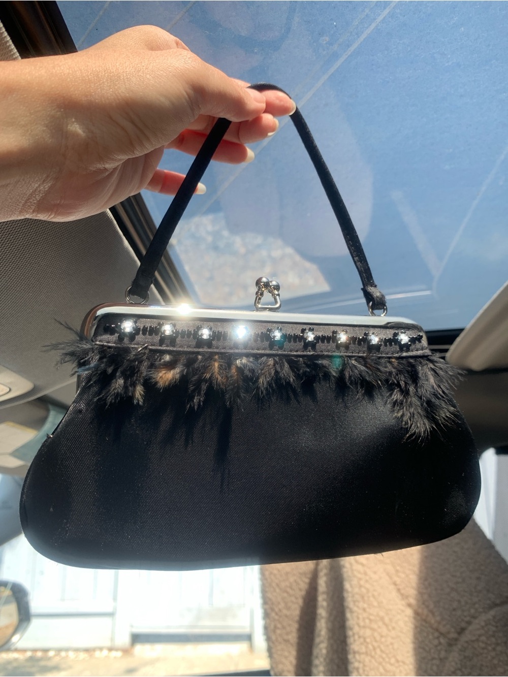 La Regale Kiss Lock Vintage Black Satin Feather Evening Bag